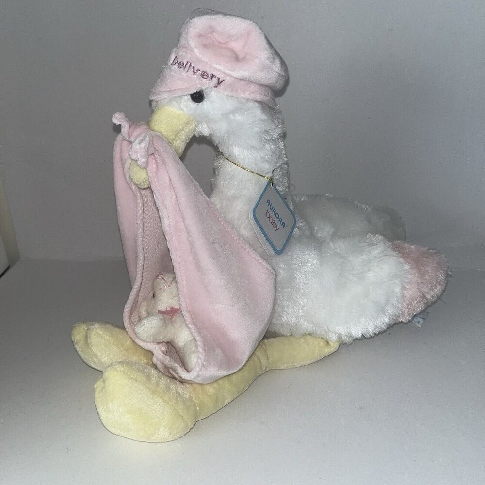Aurora Baby Stork Special Delivery Bear Plush Stuffed Animal Pink Gift With Tag